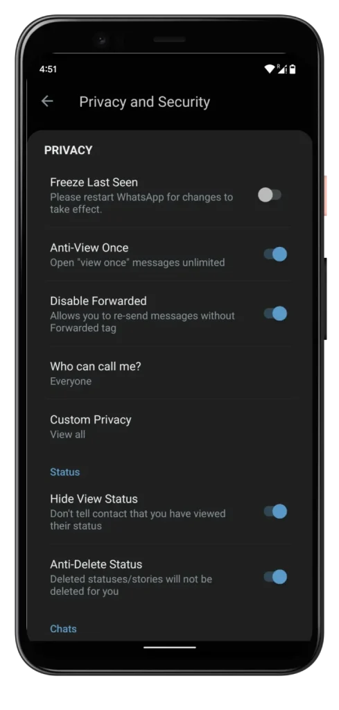 Blue Whatsapp privacy & security